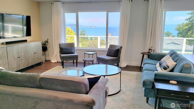 living area featuring a water view, baseboards, and wood finished floors