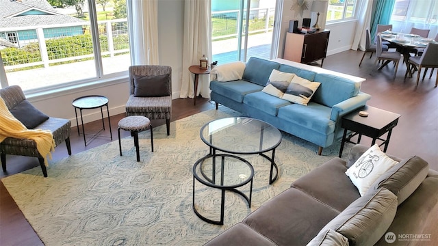 living area featuring baseboards and wood finished floors