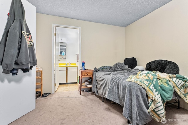 bedroom with a textured ceiling, light carpet, and a sink