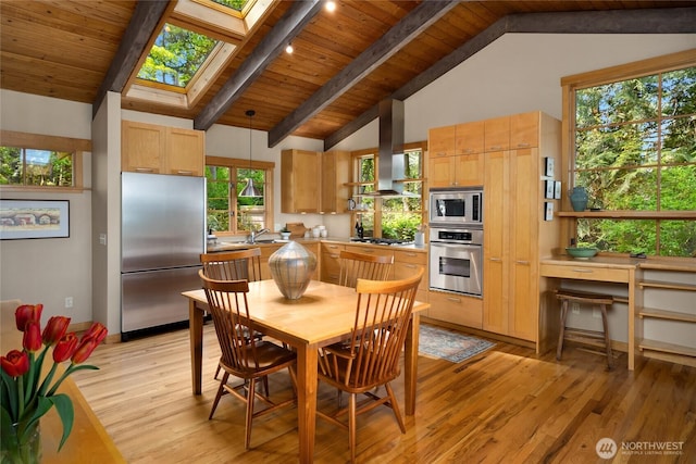 dining space with light wood-style floors, wood ceiling, beam ceiling, and a skylight