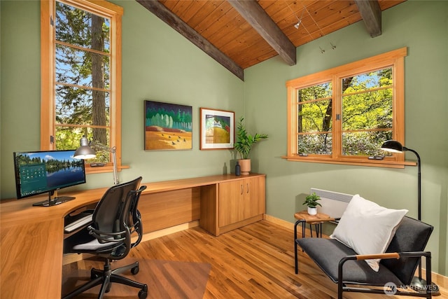 office with vaulted ceiling with beams, baseboards, wooden ceiling, and wood finished floors