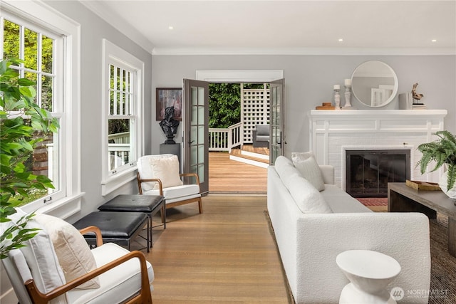 living area featuring crown molding, recessed lighting, wood finished floors, and a fireplace
