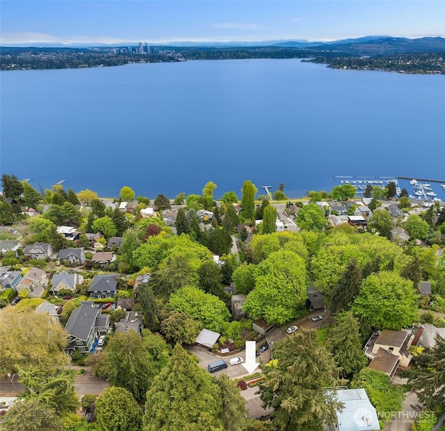 drone / aerial view with a residential view and a water view