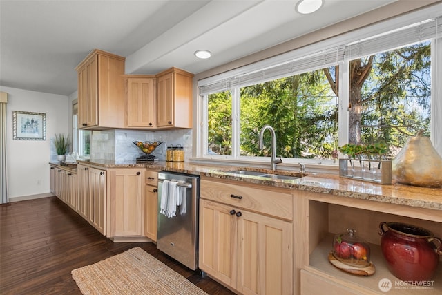 2716 58th Street Ct NW, Gig Harbor, WA 98335 - kitchen with light brown cabinetry, a sink, stainless steel dishwasher, decorative backsplash, and light stone counters