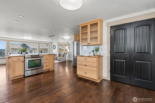 2716 58th Street Ct NW, Gig Harbor, WA 98335 - kitchen featuring glass insert cabinets, light brown cabinetry, dark wood finished floors, appliances with stainless steel finishes, and recessed lighting
