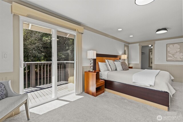 2716 58th Street Ct NW, Gig Harbor, WA 98335 - bedroom with recessed lighting, ornamental molding, access to outside, a wainscoted wall, and carpet floors