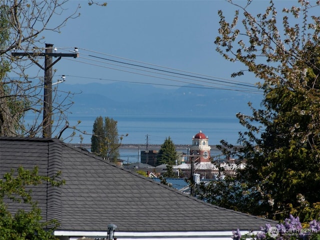 details with a shingled roof and a mountain view
