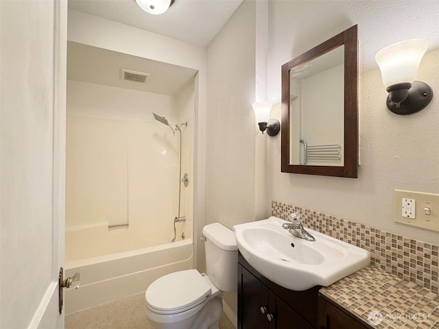 full bath with toilet, shower / tub combination, visible vents, tasteful backsplash, and vanity