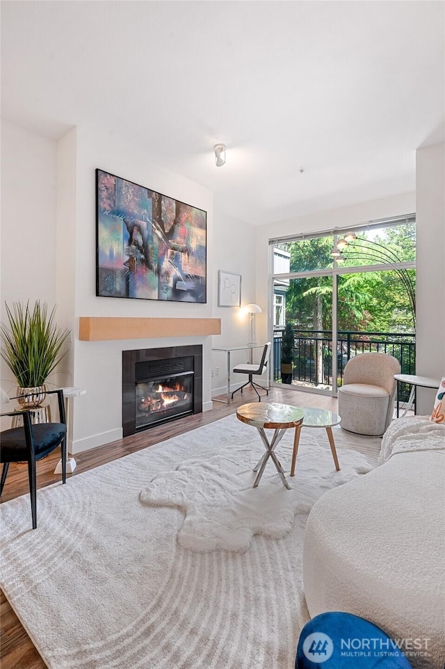 521 7th Ave Unit 204, Kirkland, WA 98033 - living area featuring a glass covered fireplace, baseboards, and wood finished floors