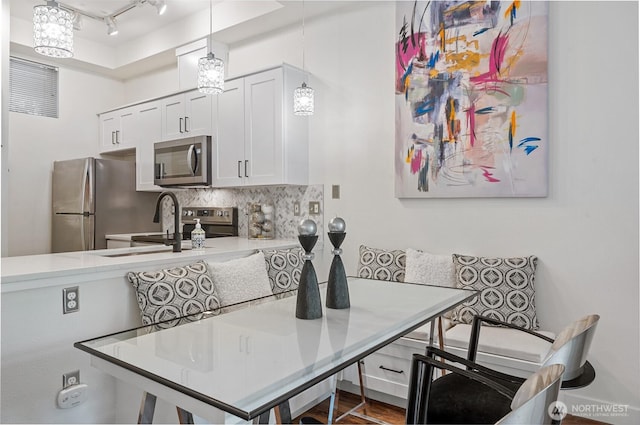 521 7th Ave Unit 204, Kirkland, WA 98033 - kitchen featuring stainless steel appliances, track lighting, tasteful backsplash, light countertops, and white cabinets