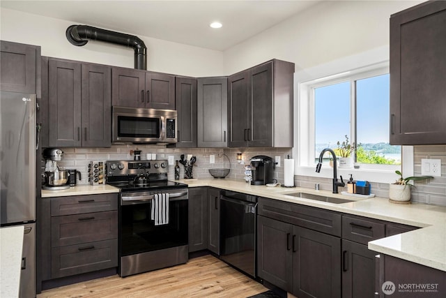 3315 N 35th St, Tacoma, WA 98407 - kitchen with a sink, appliances with stainless steel finishes, dark brown cabinets, and tasteful backsplash