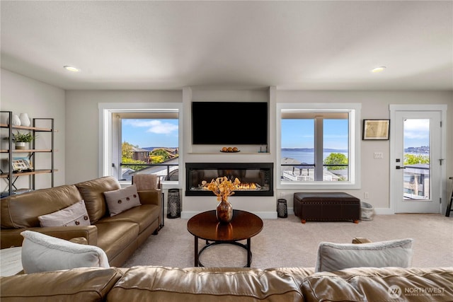 3315 N 35th St, Tacoma, WA 98407 - living area with carpet floors, recessed lighting, baseboards, and a glass covered fireplace