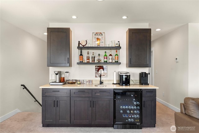 3315 N 35th St, Tacoma, WA 98407 - bar with beverage cooler, wet bar, baseboards, and light colored carpet