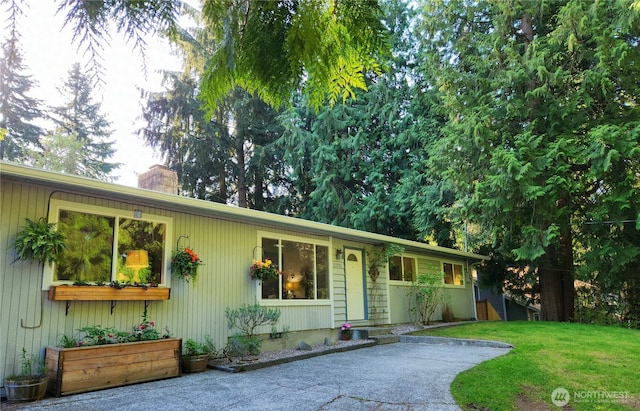ranch-style home featuring driveway, a chimney, and a front lawn