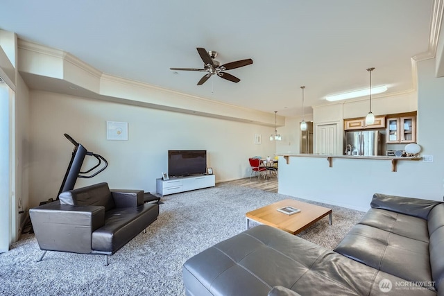 320 E 32nd St Unit 105, Tacoma, WA 98404 - living area with carpet, ceiling fan, and crown molding