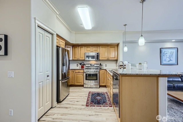 320 E 32nd St Unit 105, Tacoma, WA 98404 - kitchen featuring a sink, stainless steel appliances, light wood-style floors, crown molding, and a peninsula
