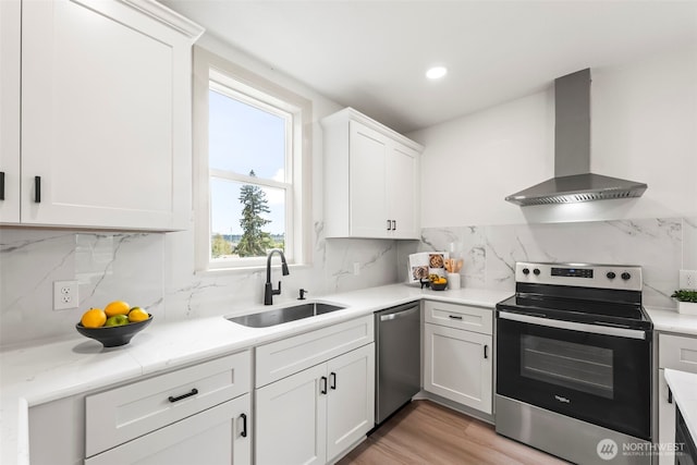 1538 7th St, Bremerton, WA 98337 - kitchen with white cabinets, a sink, wall chimney exhaust hood, stainless steel appliances, and backsplash