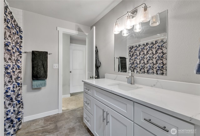 1300 Rhododendron Ct NE, Olympia, WA 98516 - bathroom with vanity, baseboards, and a shower with curtain