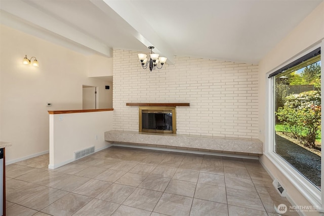 9750 SE 41st St, Mercer Island, WA 98040 - unfurnished living room featuring a brick fireplace, an inviting chandelier, vaulted ceiling with beams, and visible vents