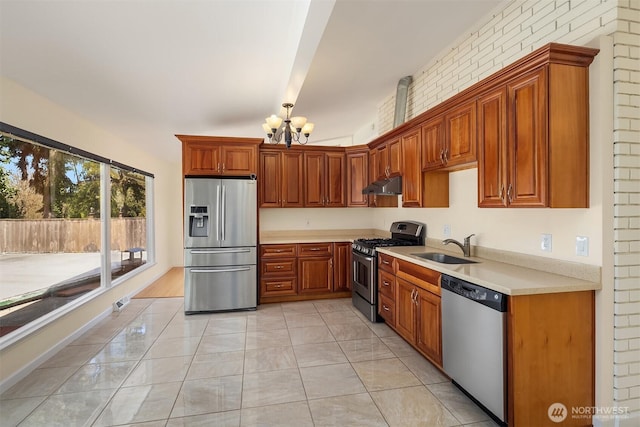 9750 SE 41st St, Mercer Island, WA 98040 - kitchen featuring appliances with stainless steel finishes, a sink, light countertops, a chandelier, and under cabinet range hood