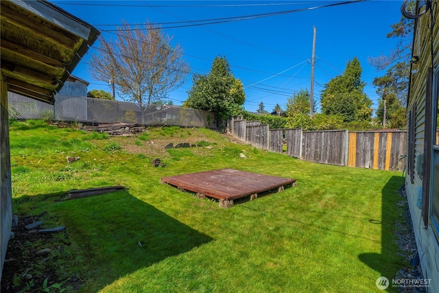view of yard with a wooden deck and a fenced backyard