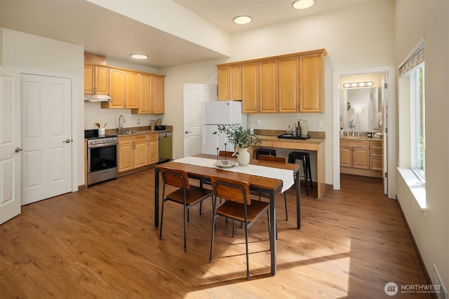 kitchen with stainless steel appliances, under cabinet range hood, a sink, light wood finished floors, and light brown cabinetry