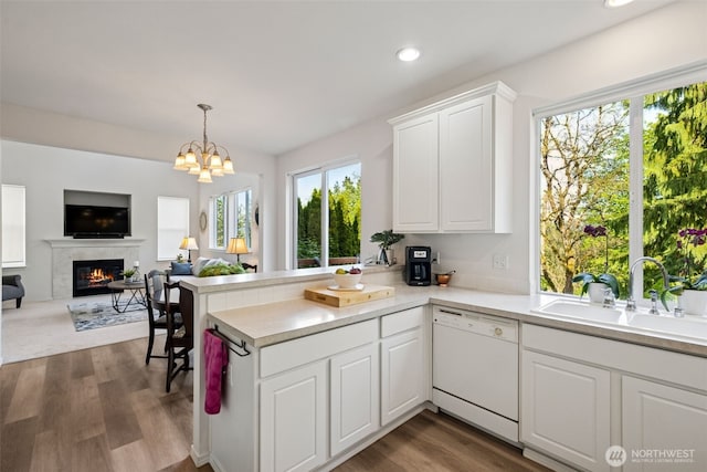 kitchen featuring a sink, dishwasher, light countertops, a glass covered fireplace, and dark wood-type flooring