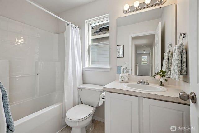 full bath featuring toilet, shower / tub combo, and vanity