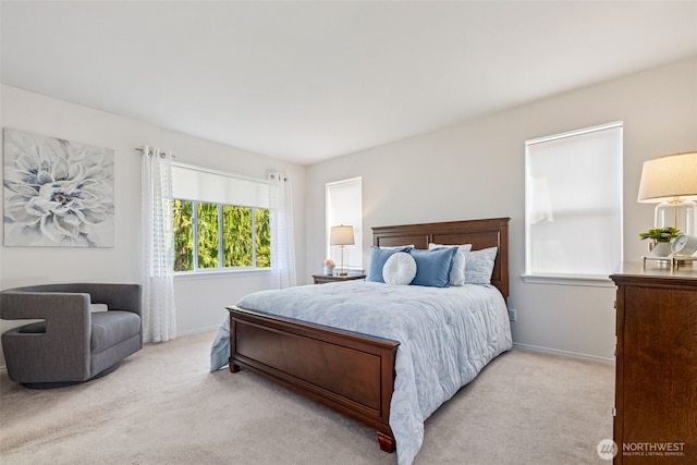 bedroom with baseboards and light carpet