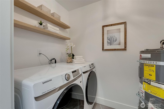 321 Bellevue Way SE Unit 401, Bellevue, WA 98004 - washroom with laundry area, tile patterned floors, washing machine and dryer, baseboards, and secured water heater