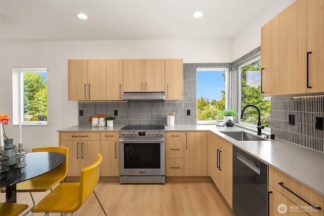 3650 51st Ave SW Unit B, Seattle, WA 98116 - kitchen with electric range, dishwashing machine, a sink, light brown cabinets, and under cabinet range hood
