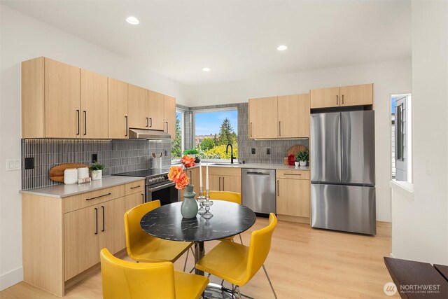 3650 51st Ave SW Unit B, Seattle, WA 98116 - kitchen with appliances with stainless steel finishes, light brown cabinets, a sink, backsplash, and light wood-style floors