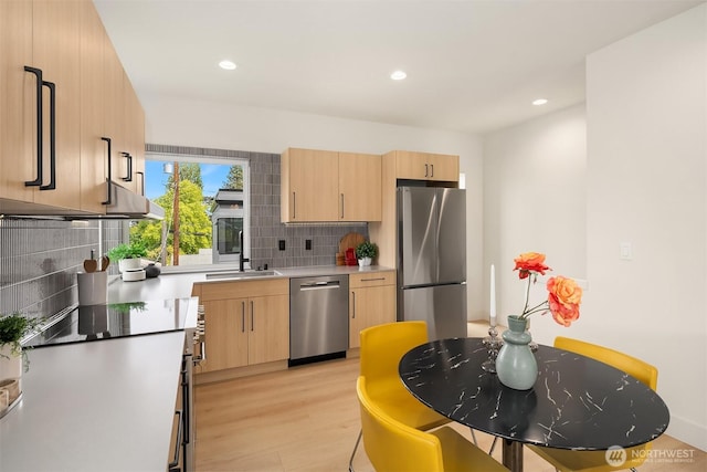 3650 51st Ave SW Unit B, Seattle, WA 98116 - kitchen with appliances with stainless steel finishes, a sink, light brown cabinets, light countertops, and recessed lighting