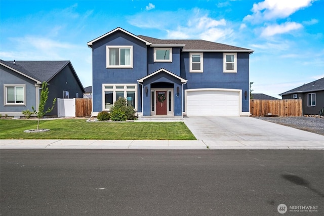 traditional-style home with fence, a front yard, stucco siding, concrete driveway, and an attached garage