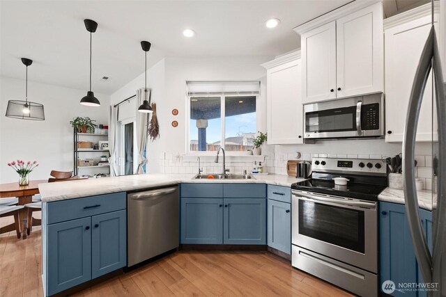 kitchen featuring decorative backsplash, white cabinetry, a sink, appliances with stainless steel finishes, and blue cabinetry