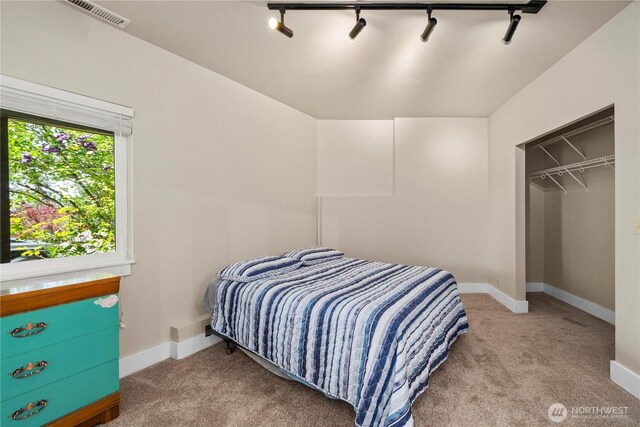 carpeted bedroom with track lighting and baseboards