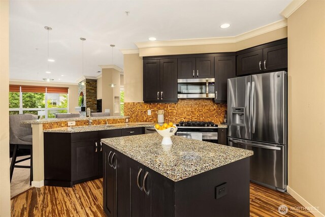 kitchen featuring a peninsula, wood finished floors, light stone countertops, a sink, and appliances with stainless steel finishes