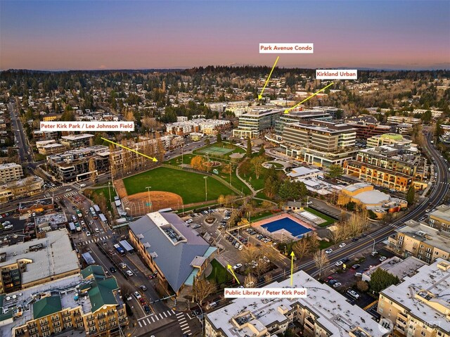 view of aerial view at dusk