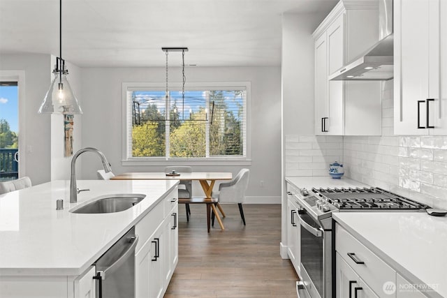 kitchen featuring a sink, stainless steel appliances, wall chimney exhaust hood, and a wealth of natural light