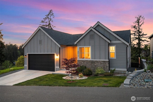 view of front of house featuring board and batten siding, driveway, roof with shingles, and a front lawn