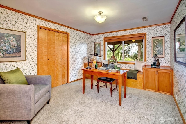 office area featuring light colored carpet, visible vents, ornamental molding, and wallpapered walls