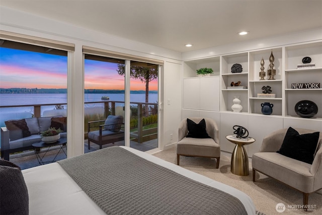 10837 Bill Point Blf NE, Bainbridge Island, WA 98110 - bedroom featuring a water view, access to outside, recessed lighting, and carpet floors