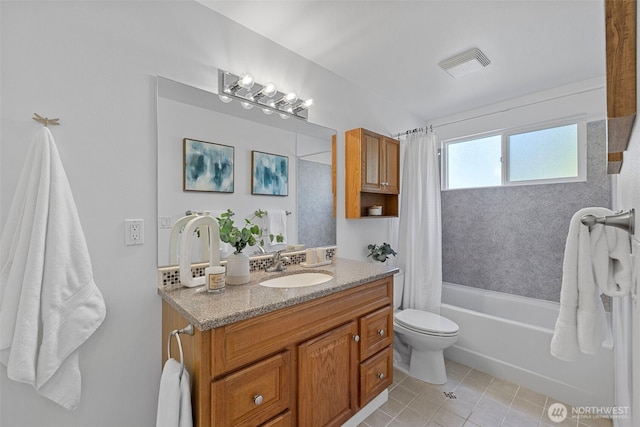 full bath featuring visible vents, tile patterned floors, vanity, toilet, and shower / tub combo with curtain