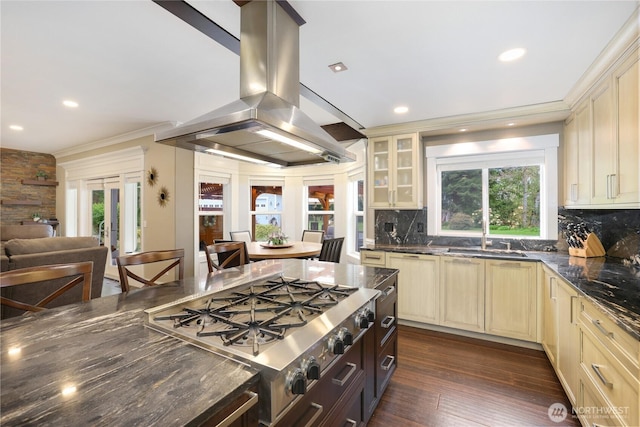 26217 137th Street Ct E, Buckley, WA 98321 - kitchen featuring stainless steel gas stovetop, island exhaust hood, and cream cabinetry