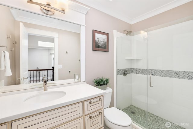 26217 137th Street Ct E, Buckley, WA 98321 - full bathroom with crown molding, vanity, a shower stall, and toilet