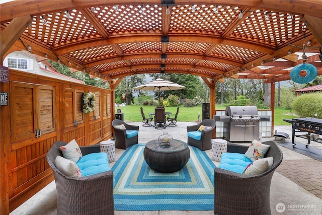 26217 137th Street Ct E, Buckley, WA 98321 - view of patio with outdoor dining space, a pergola, an outdoor hangout area, and area for grilling