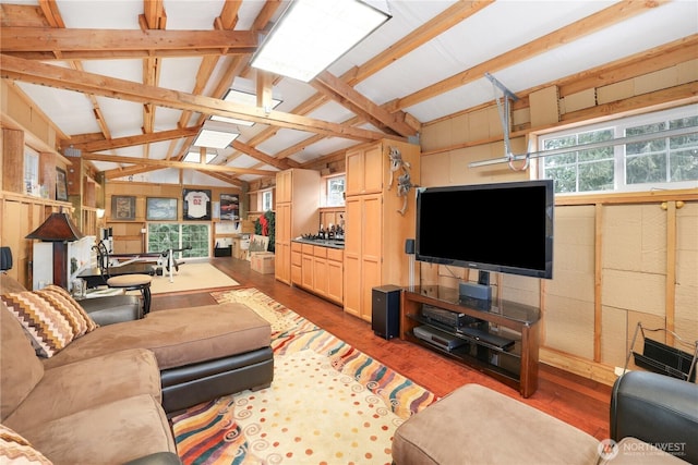 26217 137th Street Ct E, Buckley, WA 98321 - living room with a wealth of natural light, vaulted ceiling with beams, and wood finished floors