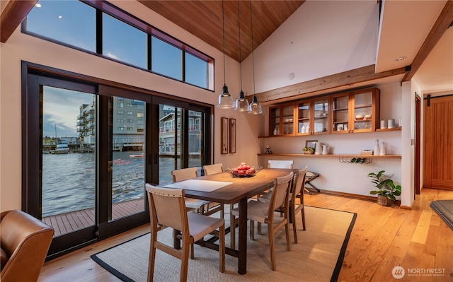 2235 Fairview Ave E Unit 12, Seattle, WA 98102 - dining space with light wood-style floors, wooden ceiling, and high vaulted ceiling