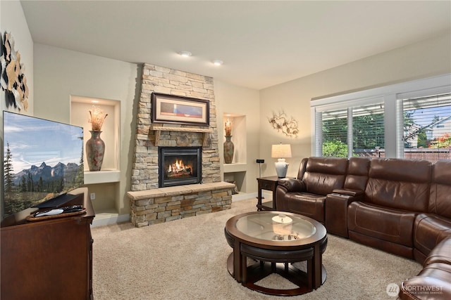 5603 116th St NE, Marysville, WA 98271 - living room with a fireplace, baseboards, and carpet