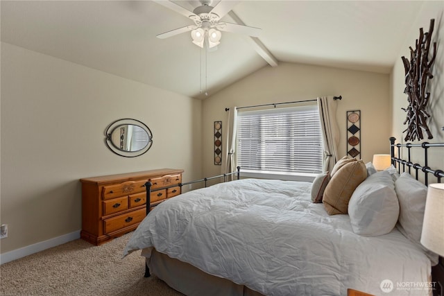 5603 116th St NE, Marysville, WA 98271 - bedroom with carpet floors, baseboards, lofted ceiling with beams, and ceiling fan
